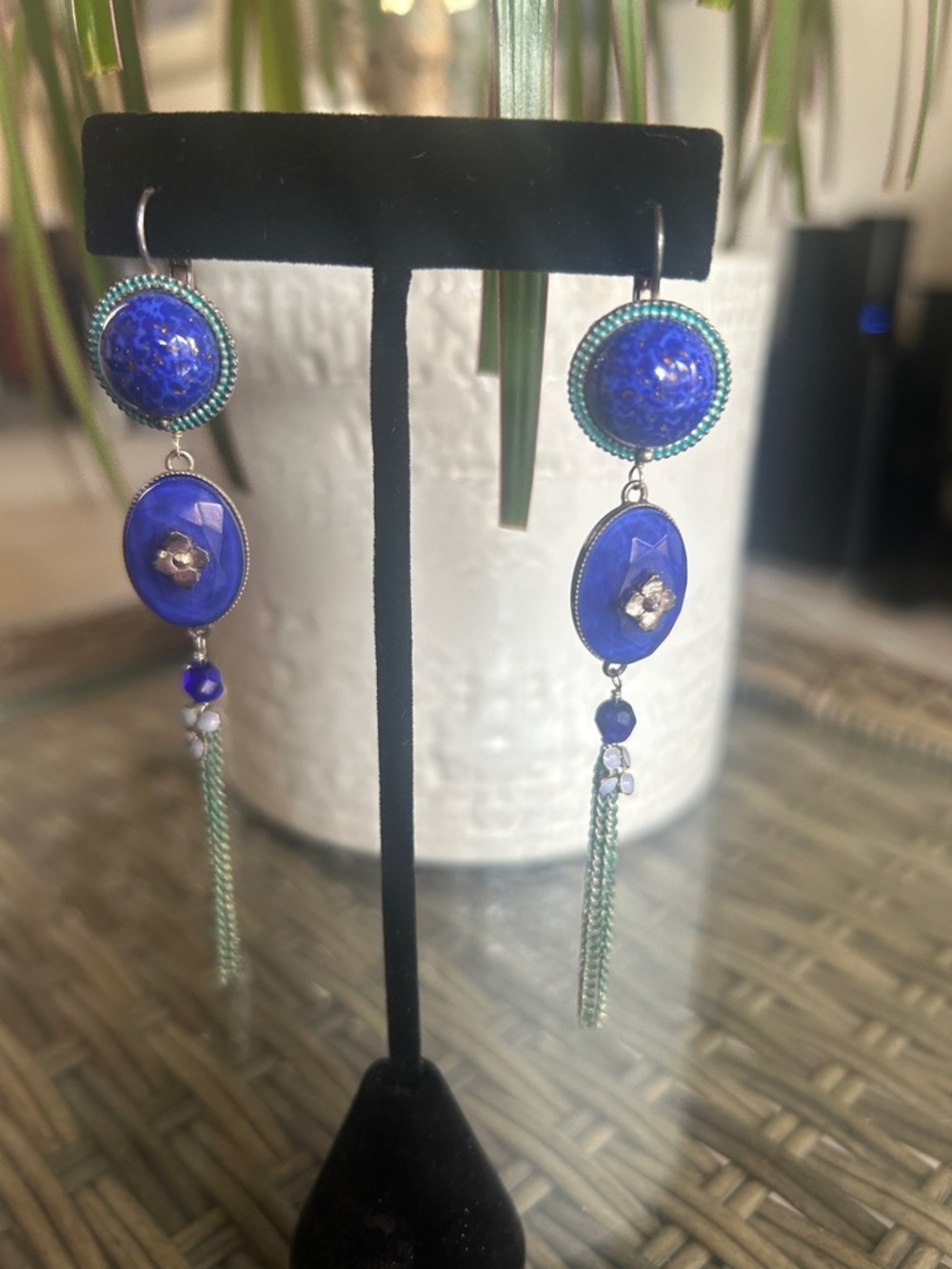 Blue and Green Dangle Earrings with Decorative Beads
